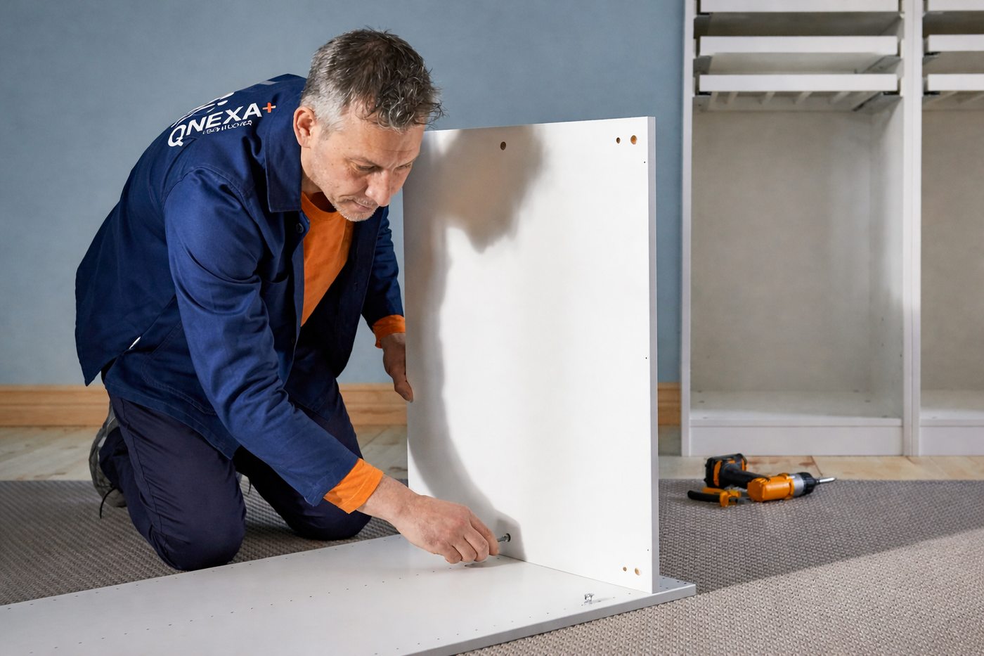 QNEXA+ flat pack assembly — branded engineer assembling furniture