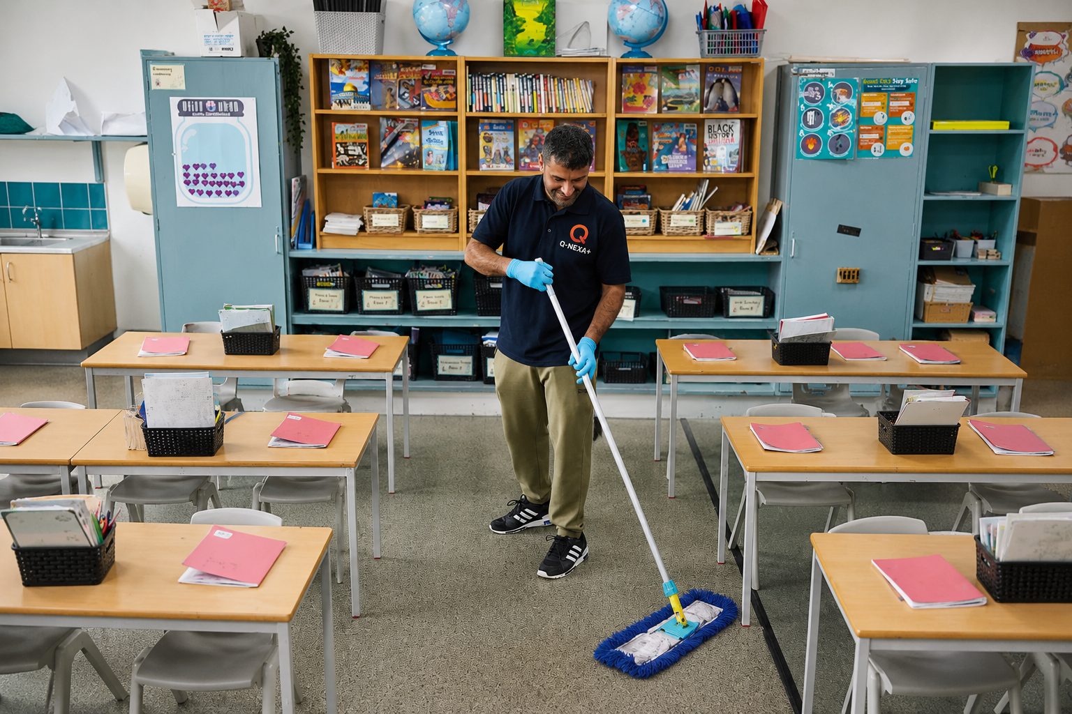 Classroom cleaning, scheduled around occupancy.