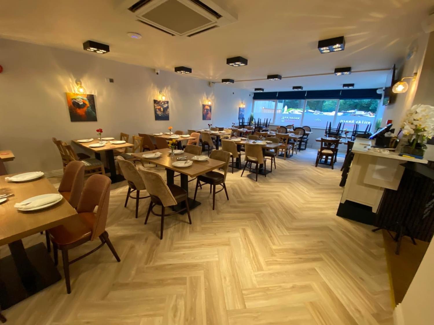 Finished hospitality front-of-house area in use