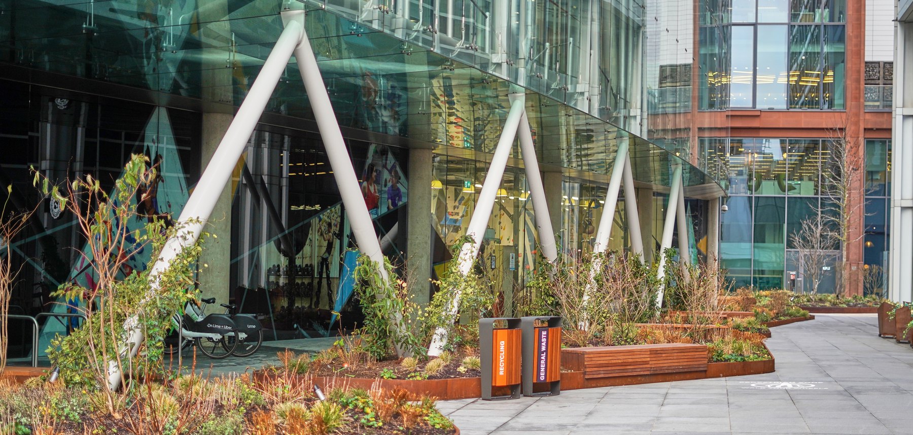 Commercial external environment with planting, seating and paving